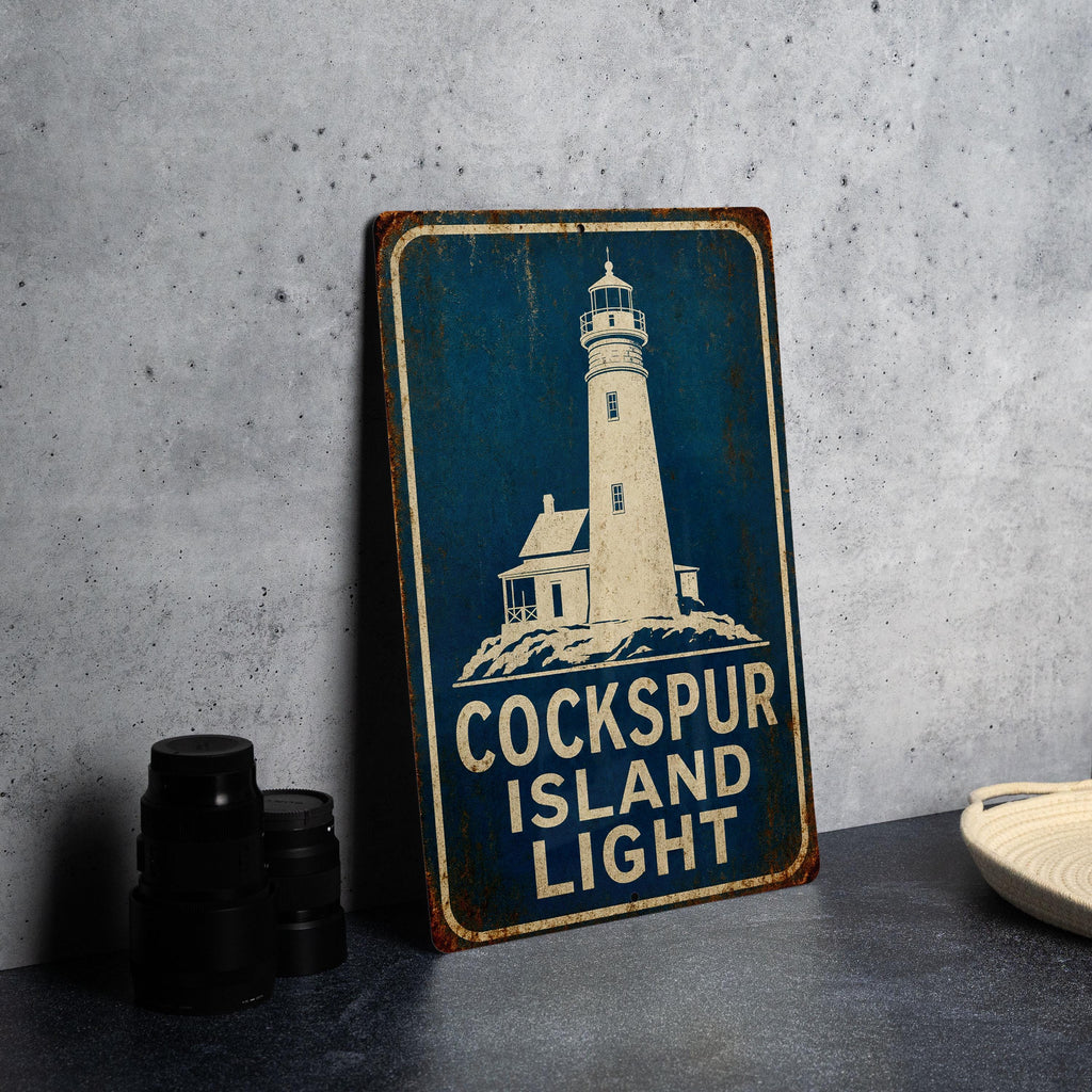 Cockspur Island Light Metal Sign, Vintage Blueprint Style Lighthouse Decor, Georgia Coastal Landmark Sign, Nautical Wall Decor — photo 4
