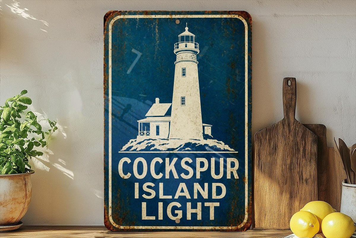 Cockspur Island Light Metal Sign, Vintage Blueprint Style Lighthouse Decor, Georgia Coastal Landmark Sign, Nautical Wall Decor — photo 5