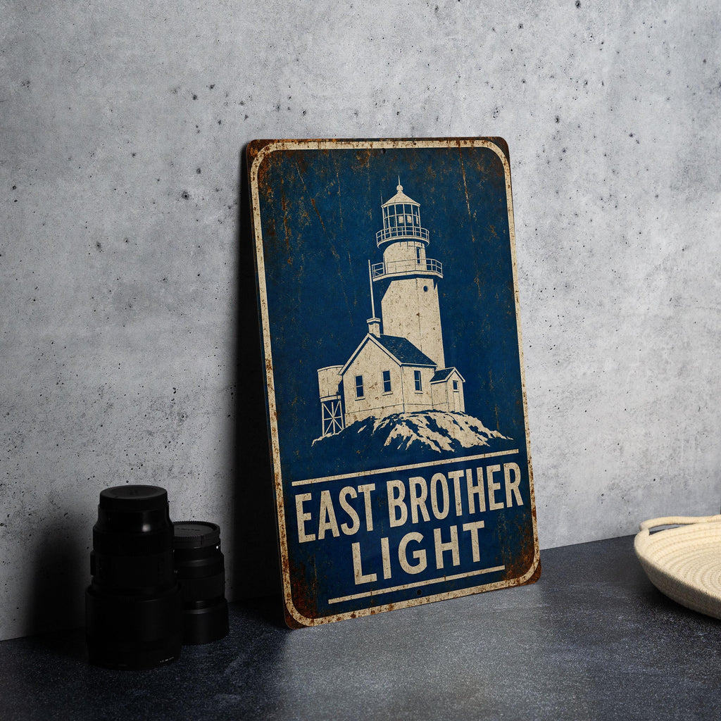 East Brother Light Lighthouse Metal Sign, Vintage Blueprint Style Nautical Coastal Lighthouse Wall Decor Gift — photo 1