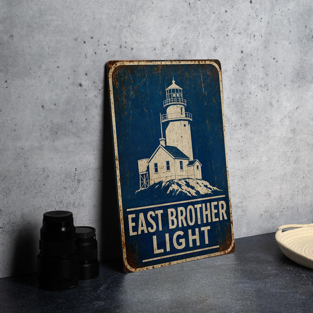 East Brother Light Lighthouse Metal Sign, Vintage Blueprint Style Nautical Coastal Lighthouse Wall Decor Gift — photo 1