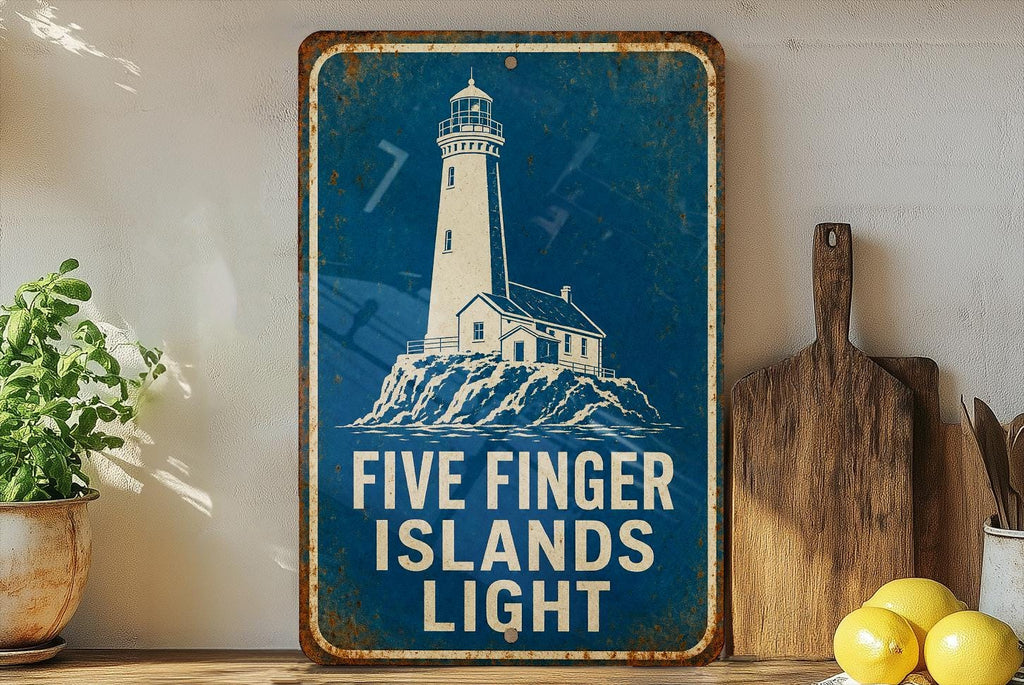 Five Finger Islands Light Metal Sign, Vintage Blueprint Style Lighthouse Wall Decor, Coastal Nautical Landmark Sign — photo 1