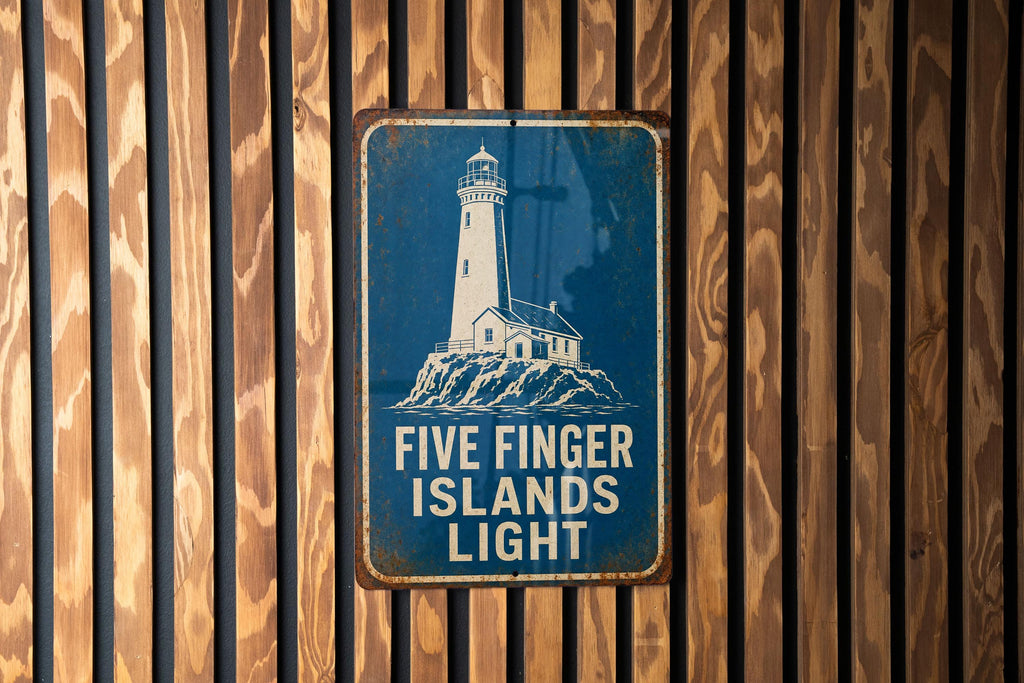 Five Finger Islands Light Metal Sign, Vintage Blueprint Style Lighthouse Wall Decor, Coastal Nautical Landmark Sign — photo 3