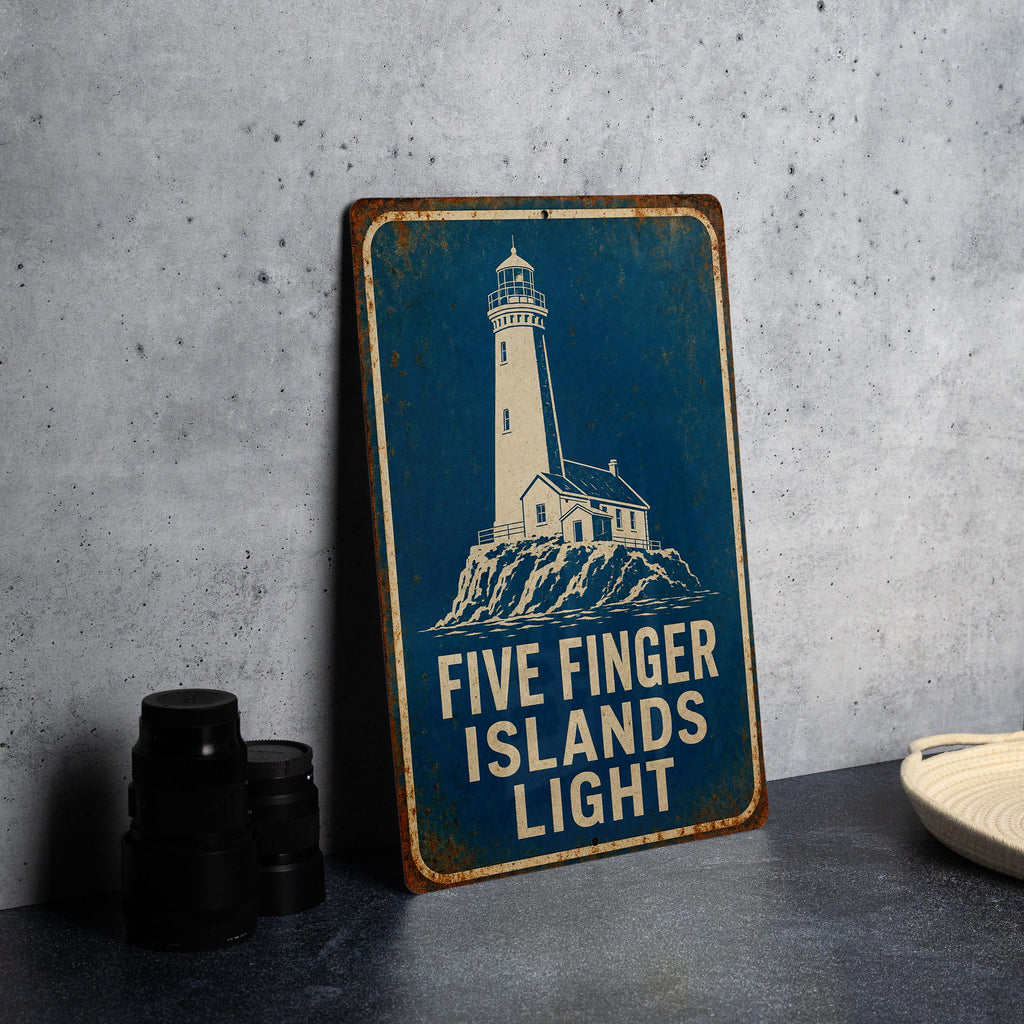 Five Finger Islands Light Metal Sign, Vintage Blueprint Style Lighthouse Wall Decor, Coastal Nautical Landmark Sign — photo 6