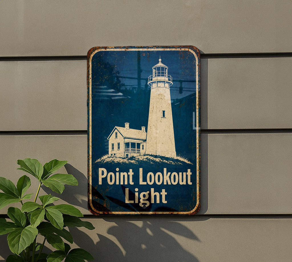 Point Lookout Light Lighthouse Metal Sign, Vintage Blueprint Style Lighthouse Wall Decor, Coastal Nautical Lighthouse Sign — photo 1