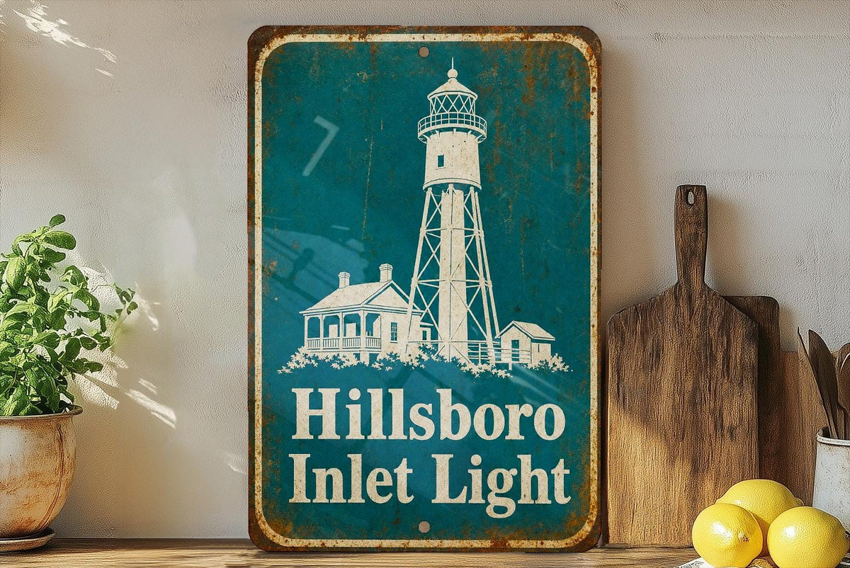 Hillsboro Inlet Light Lighthouse Metal Sign, Vintage Blueprint Style Coastal Nautical Wall Decor, Florida Lighthouse Sign — photo 3