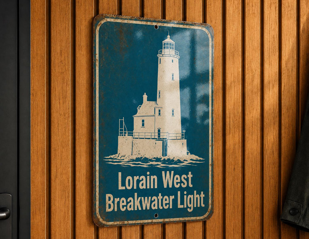 Lorain West Breakwater Light Lighthouse Metal Sign, Vintage Blueprint Style Lake Erie Coastal Landmark Wall Decor — photo 3