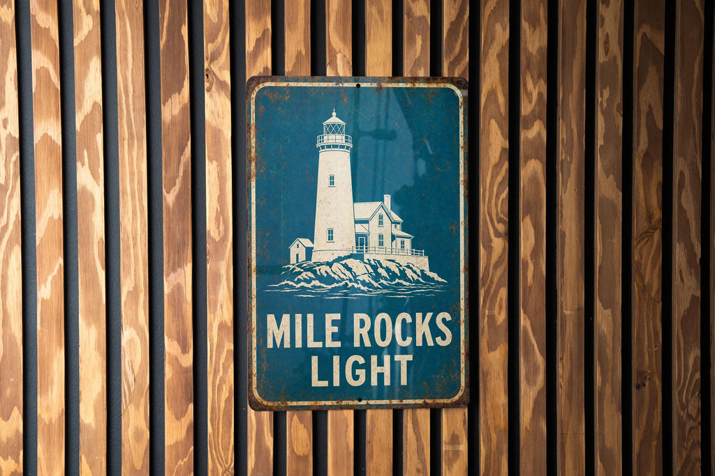 Mile Rocks Light Lighthouse Metal Sign, Vintage Blueprint Style Coastal Lighthouse Decor, Nautical Wall Sign, Ocean Seaside Gift — photo 1