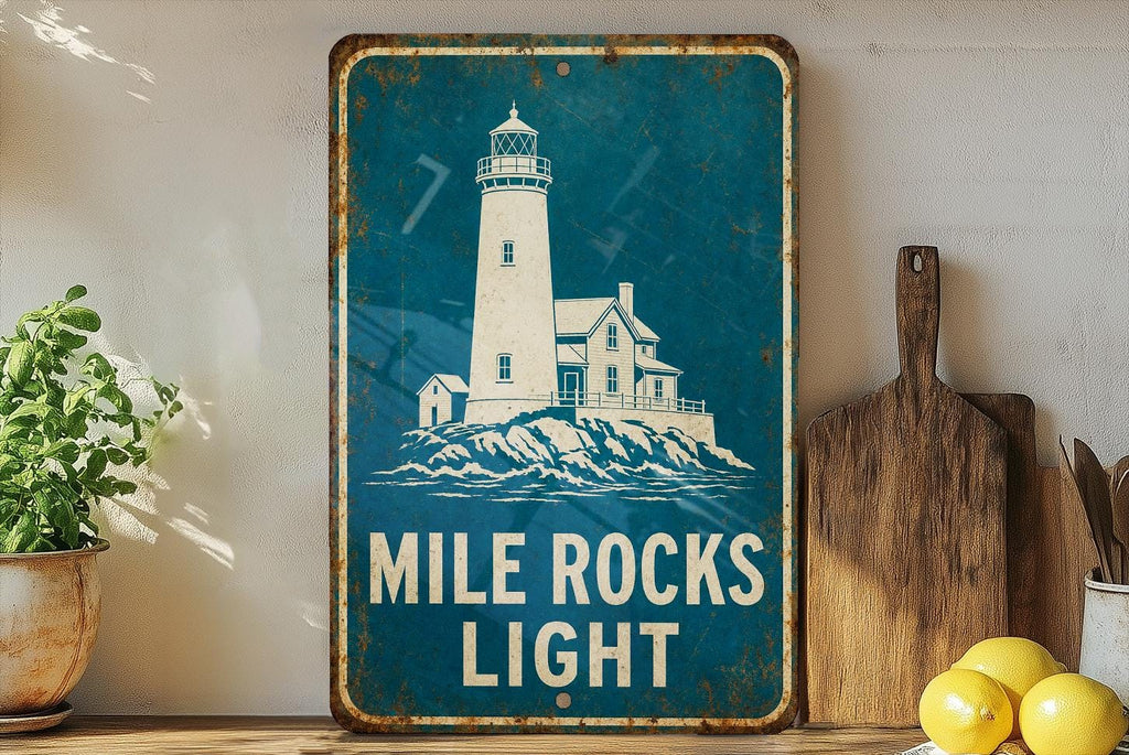 Mile Rocks Light Lighthouse Metal Sign, Vintage Blueprint Style Coastal Lighthouse Decor, Nautical Wall Sign, Ocean Seaside Gift — photo 3