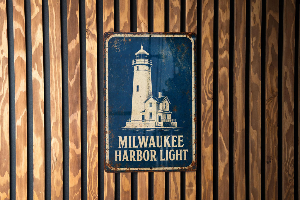 Milwaukee Harbor Lighthouse Metal Sign, Vintage Blueprint Style Lighthouse Wall Decor, Wisconsin Lake Michigan Coastal Gift — photo 1