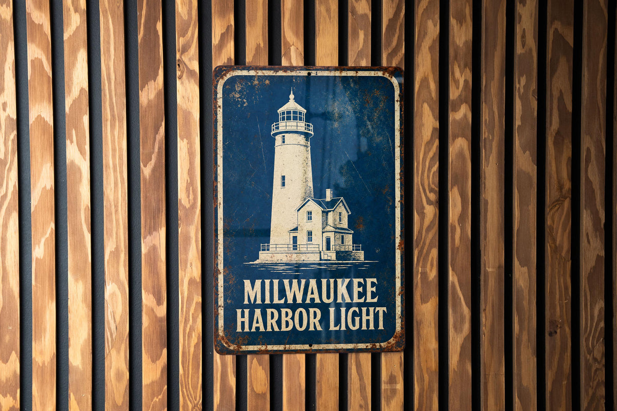 Milwaukee Harbor Lighthouse Metal Sign, Vintage Blueprint Style Lighthouse Wall Decor, Wisconsin Lake Michigan Coastal Gift — photo 1