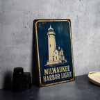 Milwaukee Harbor Lighthouse Metal Sign, Vintage Blueprint Style Lighthouse Wall Decor, Wisconsin Lake Michigan Coastal Gift — photo 3