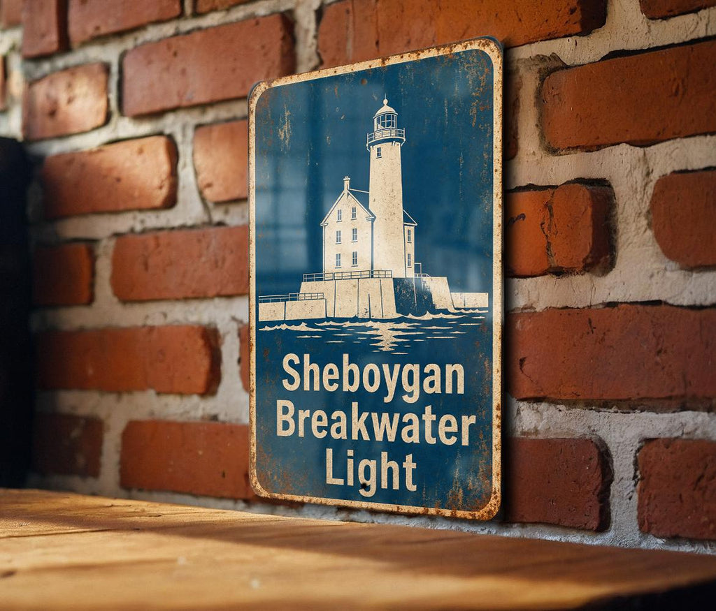 Sheboygan Breakwater Light Metal Sign, Vintage Blueprint Style Lighthouse Wall Decor, Lake Michigan Coastal Nautical Sign — photo 1