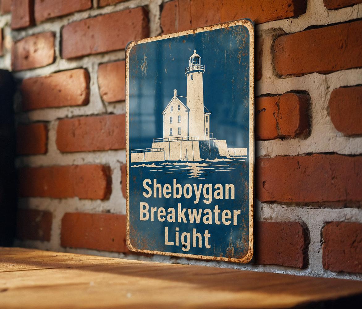 Sheboygan Breakwater Light Metal Sign, Vintage Blueprint Style Lighthouse Wall Decor, Lake Michigan Coastal Nautical Sign — photo 1