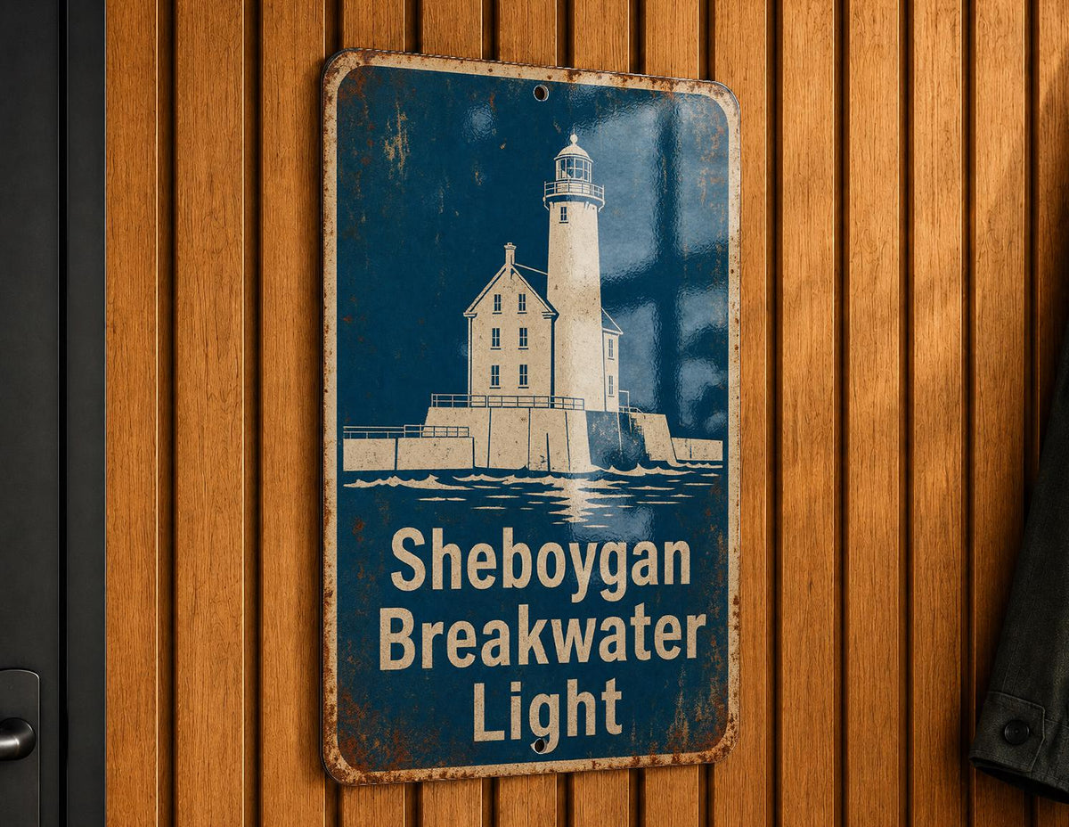 Sheboygan Breakwater Light Metal Sign, Vintage Blueprint Style Lighthouse Wall Decor, Lake Michigan Coastal Nautical Sign — photo 2