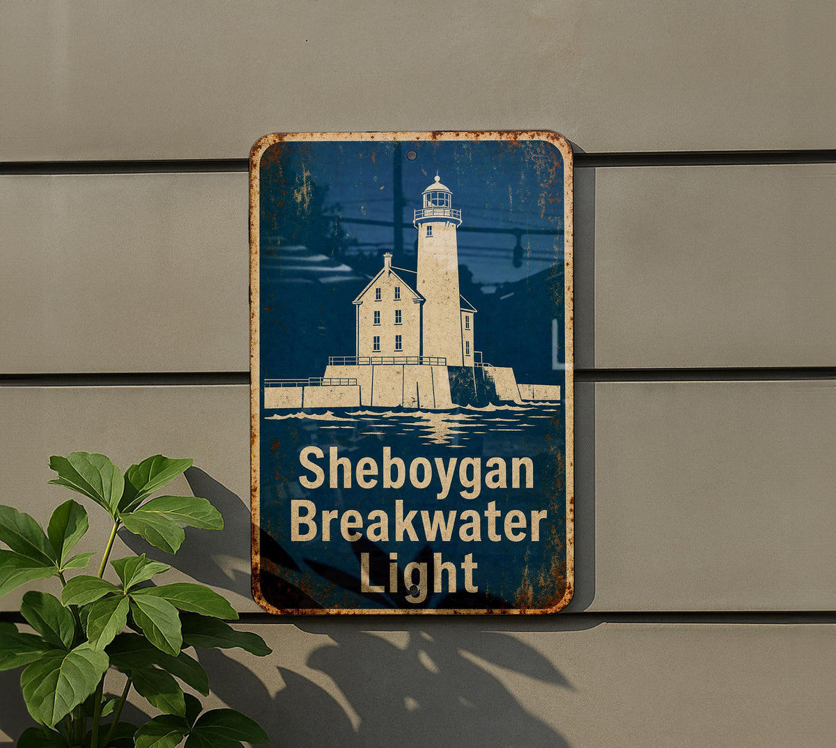 Sheboygan Breakwater Light Metal Sign, Vintage Blueprint Style Lighthouse Wall Decor, Lake Michigan Coastal Nautical Sign — photo 3