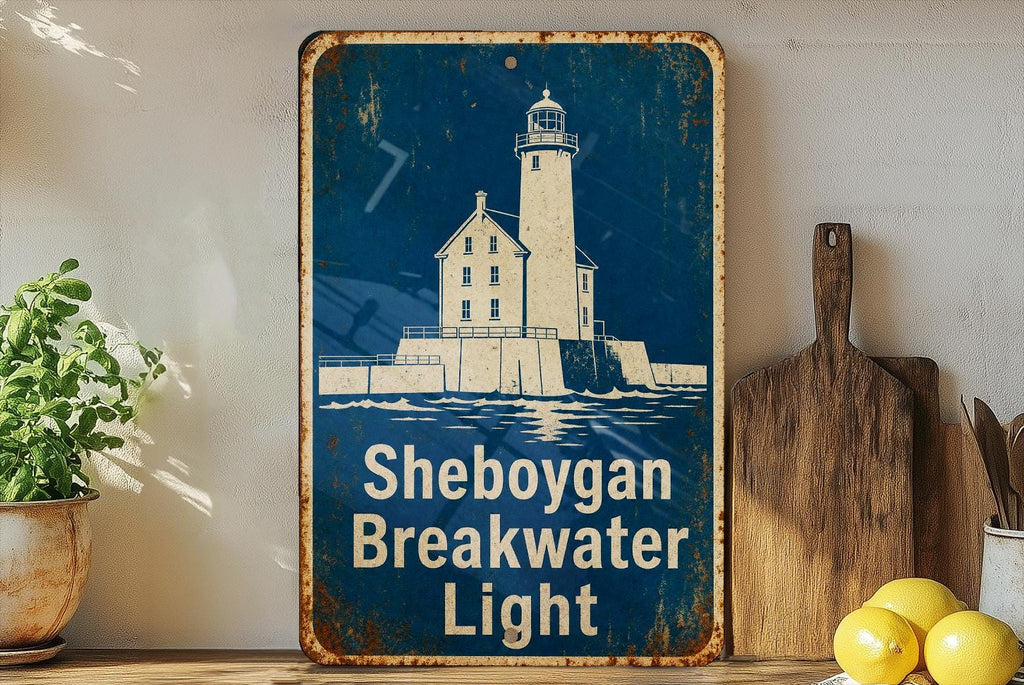 Sheboygan Breakwater Light Metal Sign, Vintage Blueprint Style Lighthouse Wall Decor, Lake Michigan Coastal Nautical Sign — photo 4