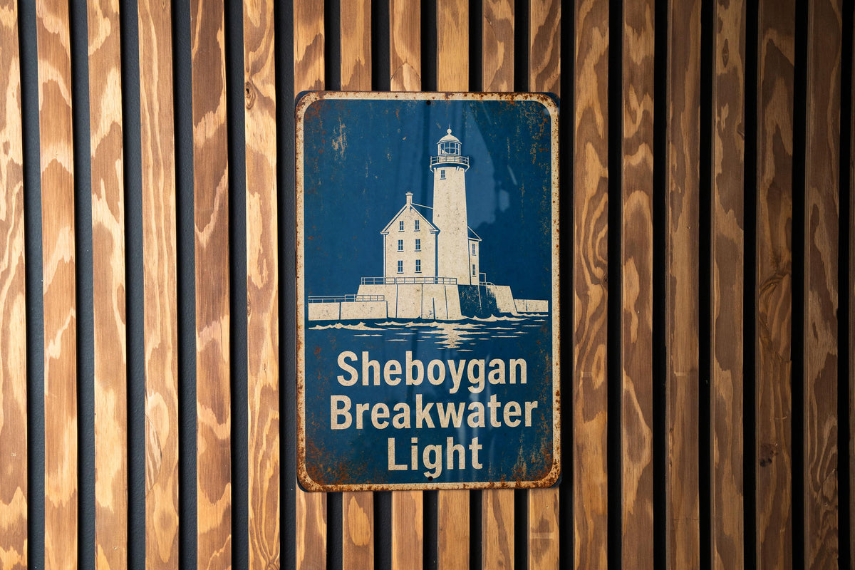Sheboygan Breakwater Light Metal Sign, Vintage Blueprint Style Lighthouse Wall Decor, Lake Michigan Coastal Nautical Sign — photo 6