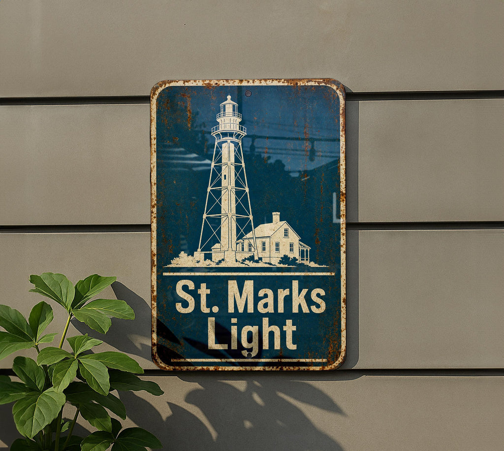 St Marks Lighthouse Metal Sign, Vintage Blueprint Style Coastal Beacon Wall Decor, Florida Lighthouse Sign, Nautical Gift — photo 1