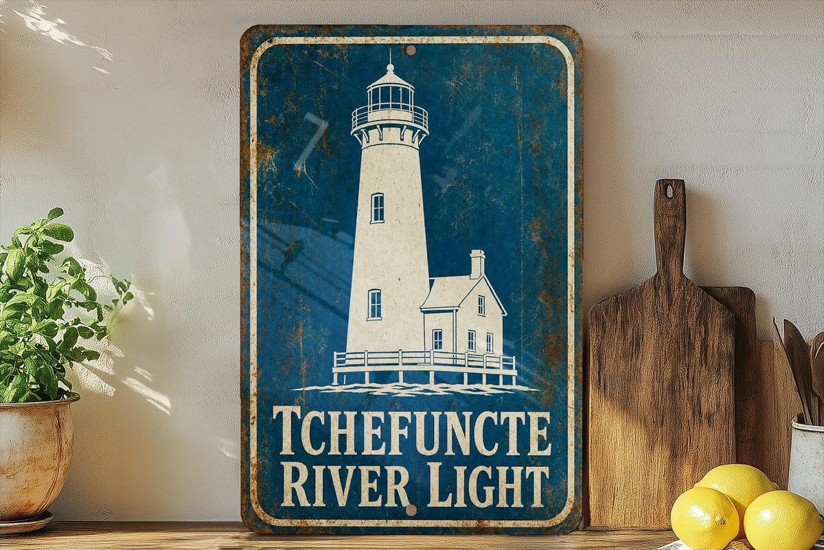 Tchefuncte River Light Lighthouse Metal Sign, Vintage Blueprint Lighthouse Wall Decor, Louisiana Coastal Nautical Sign — photo 2