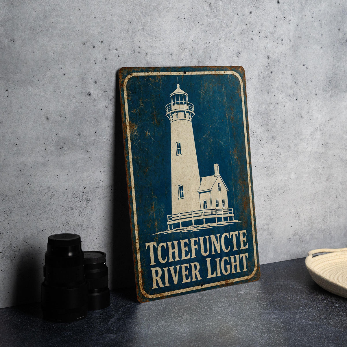Tchefuncte River Light Lighthouse Metal Sign, Vintage Blueprint Lighthouse Wall Decor, Louisiana Coastal Nautical Sign — photo 4