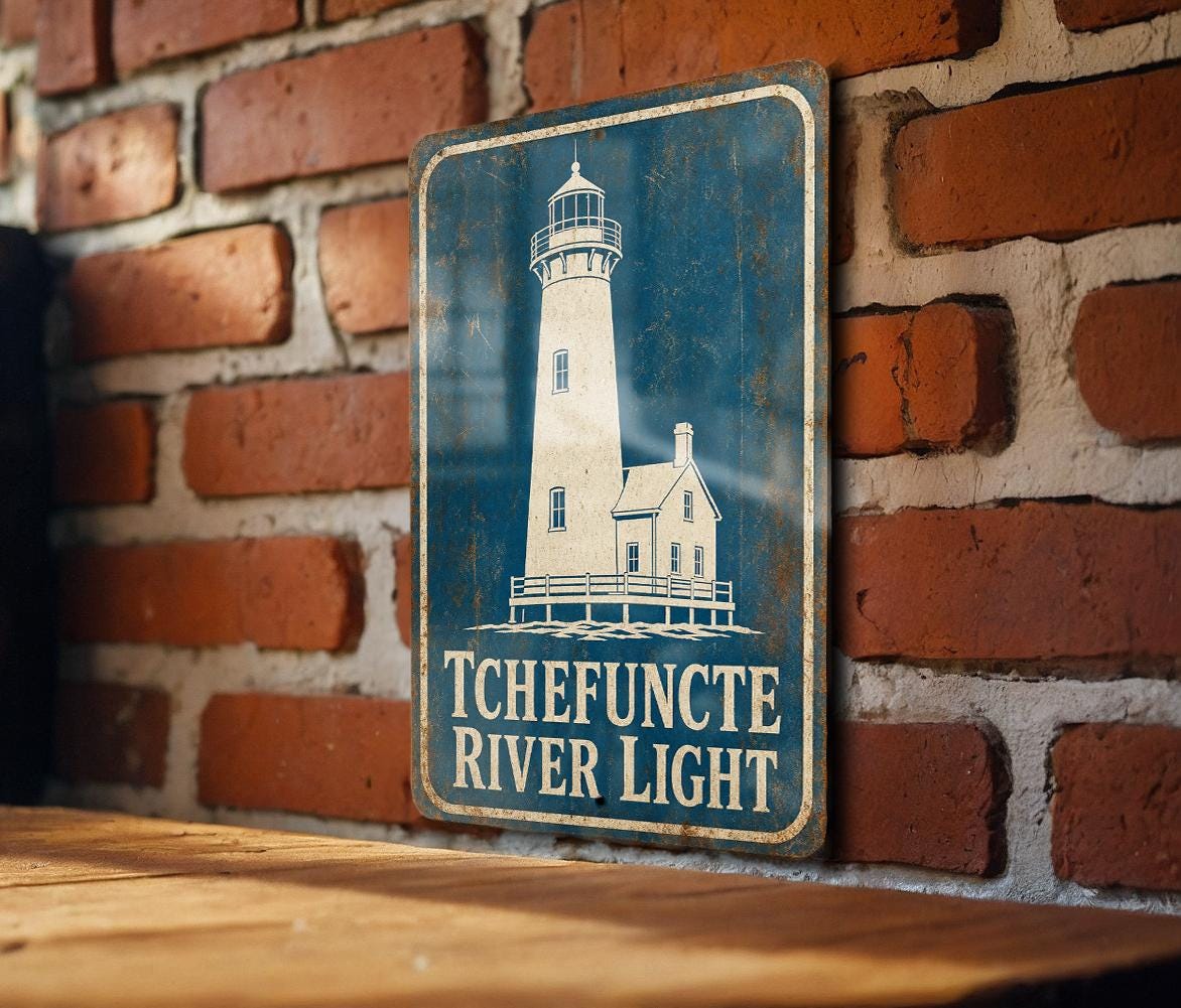 Tchefuncte River Light Lighthouse Metal Sign, Vintage Blueprint Lighthouse Wall Decor, Louisiana Coastal Nautical Sign — photo 5
