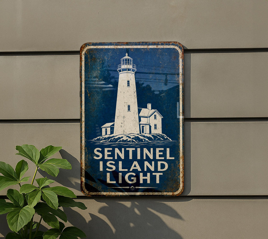 Sentinel Island Light Lighthouse Metal Sign, Vintage Blueprint Style Coastal Beacon Wall Decor, Nautical Maritime Gift — photo 1