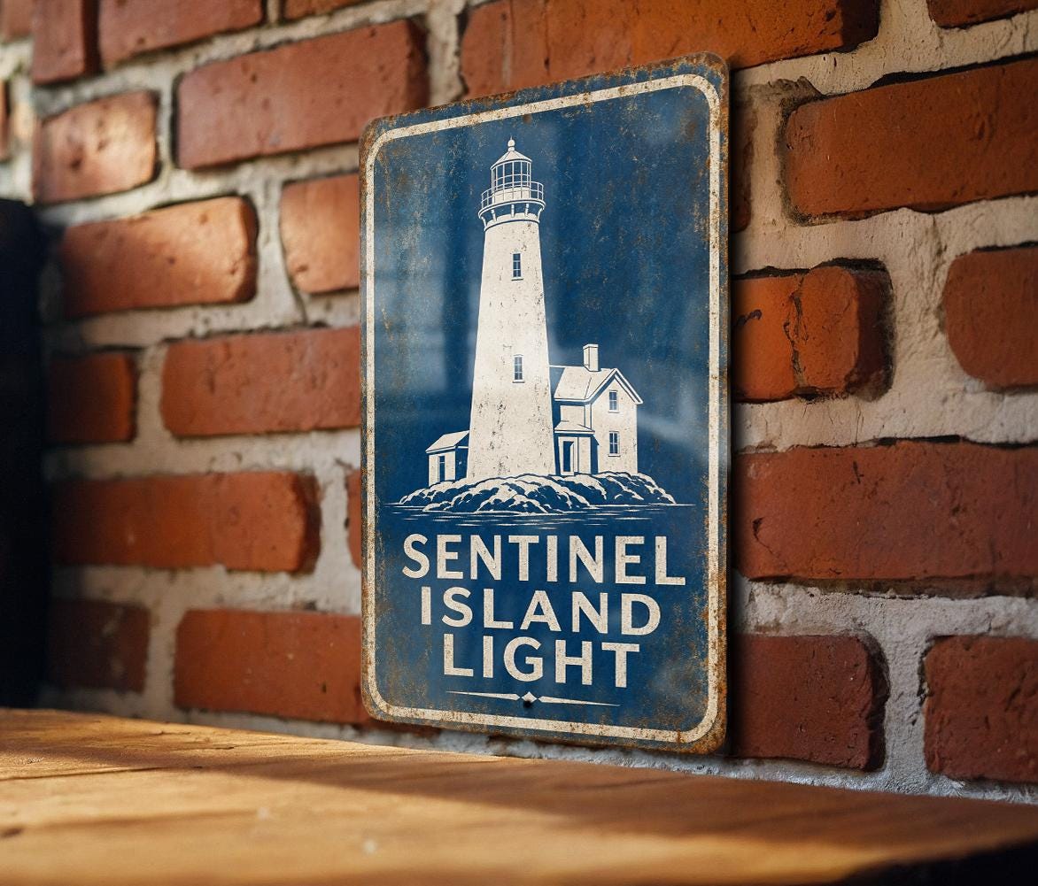 Sentinel Island Light Lighthouse Metal Sign, Vintage Blueprint Style Coastal Beacon Wall Decor, Nautical Maritime Gift — photo 5