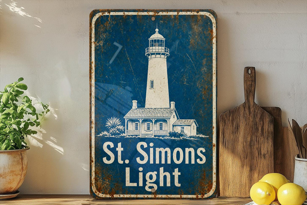 St Simons Light Lighthouse Metal Sign Vintage Blueprint Style Coastal Decor St. Simons Island Georgia Landmark Sign — photo 1