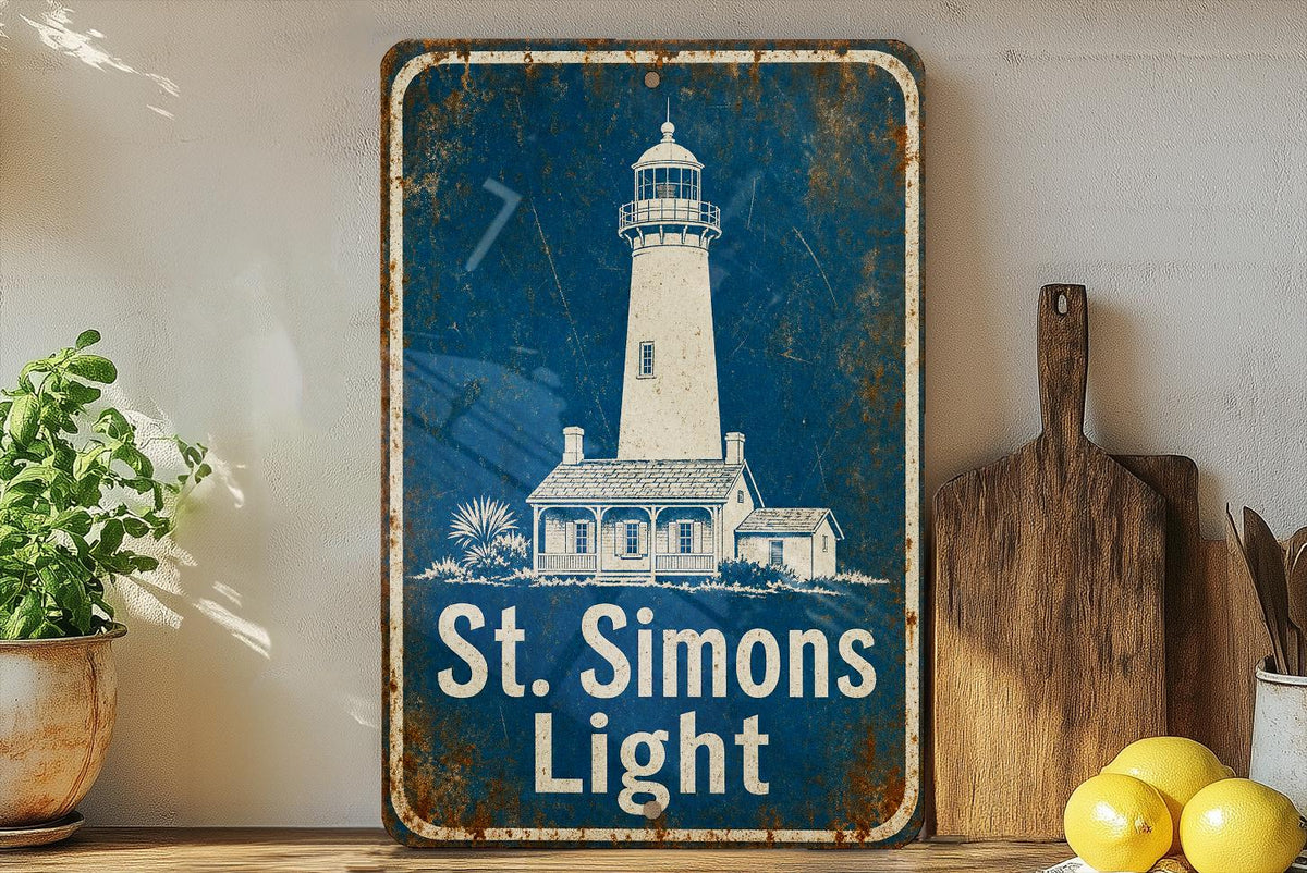 St Simons Light Lighthouse Metal Sign Vintage Blueprint Style Coastal Decor St. Simons Island Georgia Landmark Sign — photo 1
