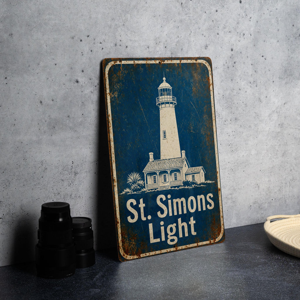 St Simons Light Lighthouse Metal Sign Vintage Blueprint Style Coastal Decor St. Simons Island Georgia Landmark Sign — photo 4