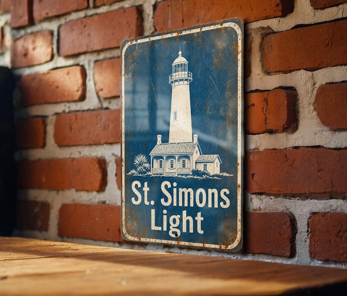 St Simons Light Lighthouse Metal Sign Vintage Blueprint Style Coastal Decor St. Simons Island Georgia Landmark Sign — photo 6