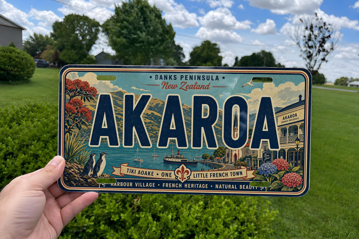 Akaroa Retro Style License Plate, New Zealand Souvenir Car Tag, Akaroa Town Sign Plate, Kiwi Travel Gift — photo 1