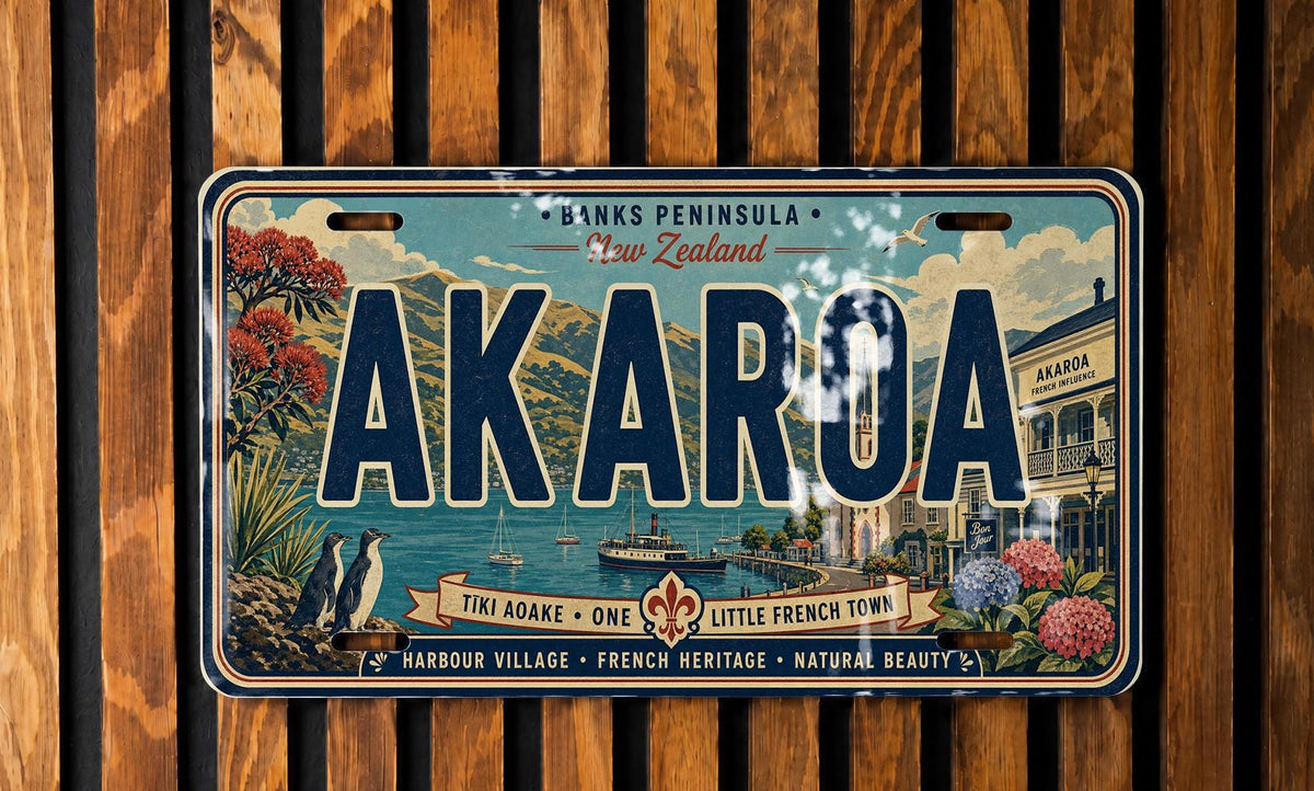 Akaroa Retro Style License Plate, New Zealand Souvenir Car Tag, Akaroa Town Sign Plate, Kiwi Travel Gift — photo 2