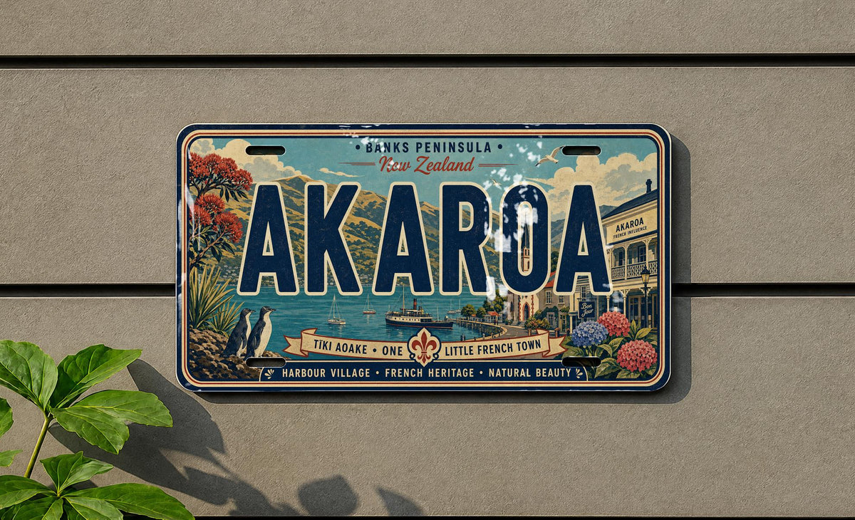 Akaroa Retro Style License Plate, New Zealand Souvenir Car Tag, Akaroa Town Sign Plate, Kiwi Travel Gift — photo 3