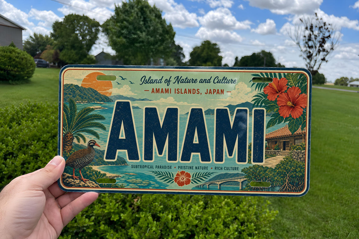 Amami Retro Style License Plate Souvenir Tag, Amami Island Japan Travel Gift, Car Plate Decor, Personalized Name Plate — photo 1