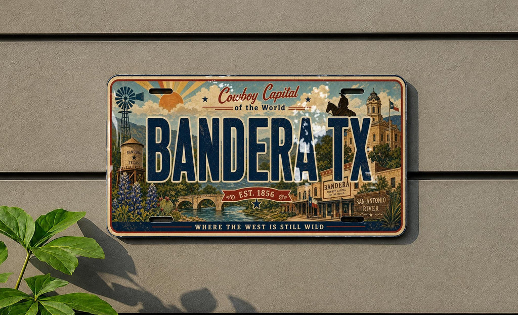 Bandera TX Retro Style License Plate, Bandera Texas Souvenir Car Tag, Hill Country Travel Theme Auto Plate — photo 1