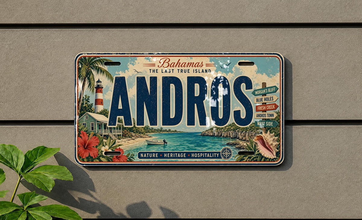 Retro Andros License Plate, Andros Island Souvenir Car Tag, Bahamas Travel Gift, Coastal Destination Decor Plate — photo 1