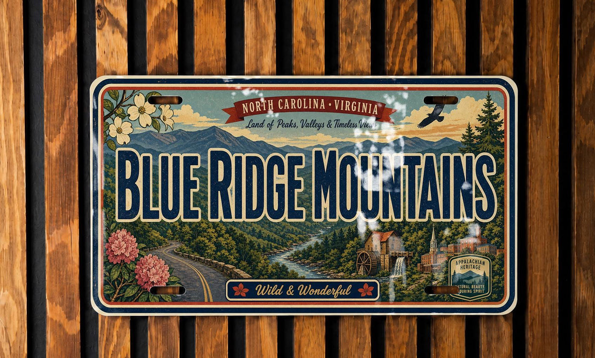 Blue Ridge Mountains Retro Style License Plate, Scenic Mountain Range Souvenir Car Tag, Blue Ridge Parkway Travel Gift — photo 1