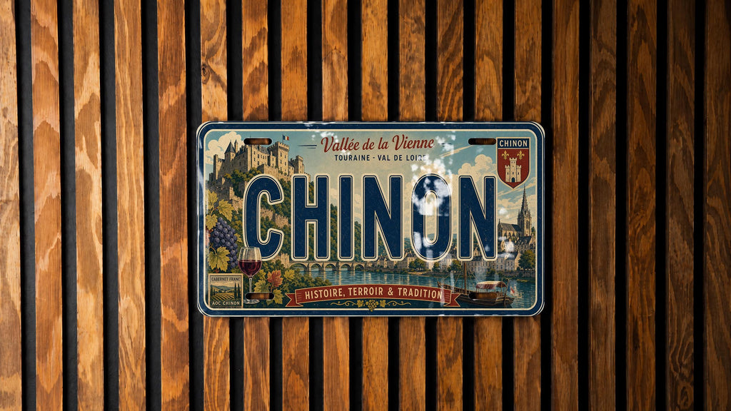 Chinon France Retro Style License Plate, Chinon Souvenir Car Tag, Loire Valley Travel Gift, French City Auto Plate Decor — photo 1
