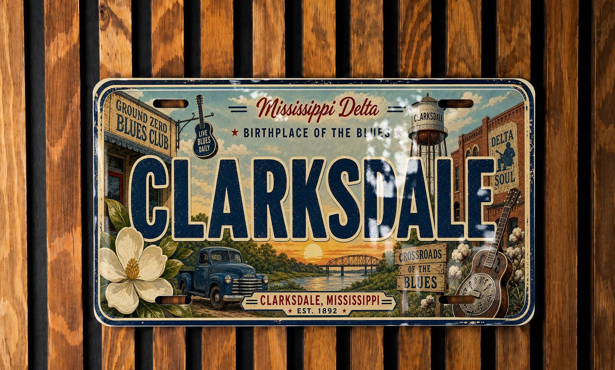 Clarksdale Retro Style License Plate, Mississippi Delta Souvenir Tag, Clarksdale MS Travel Gift, Blues Country Car Plate — photo 1