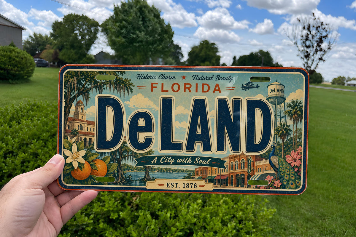 DeLand Florida Retro Style License Plate, DeLand FL Souvenir Tag, Volusia County Gift, Florida Road Trip Keepsake Plate — photo 1