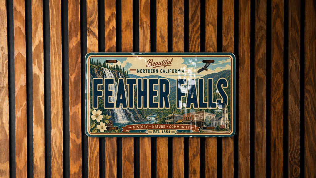 Feather Falls Retro Style License Plate, Feather Falls Souvenir Auto Tag, Waterfall Travel Keepsake Plate — photo 2