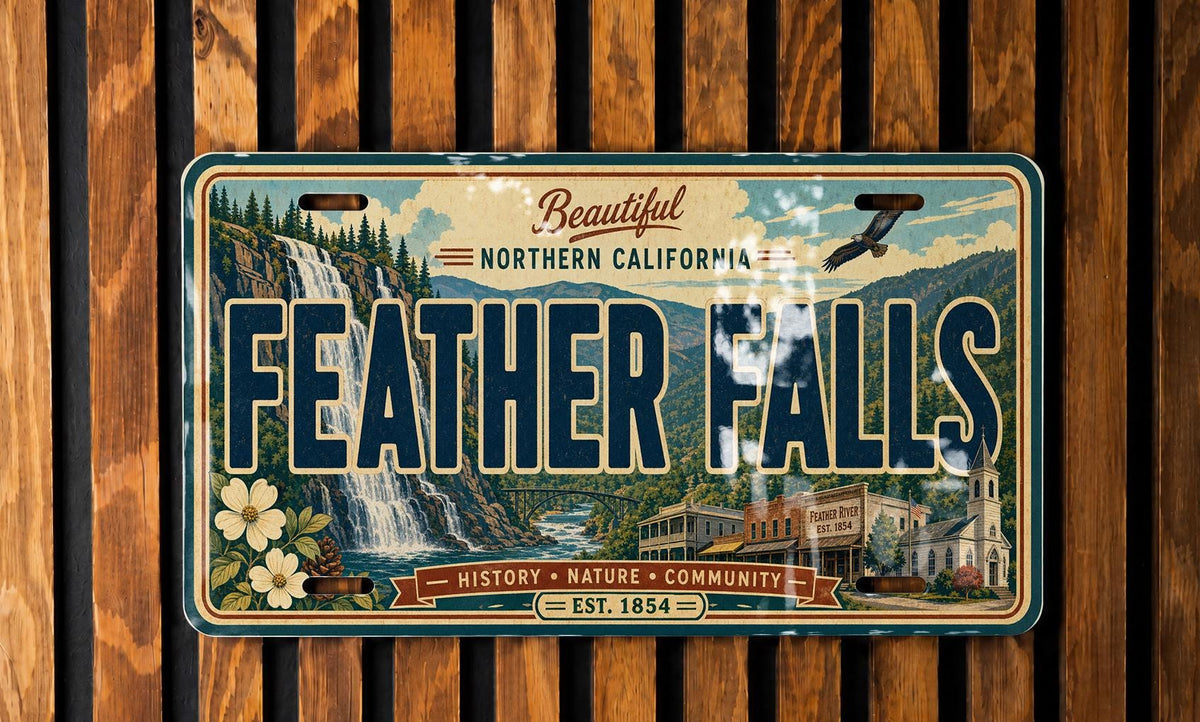 Feather Falls Retro Style License Plate, Feather Falls Souvenir Auto Tag, Waterfall Travel Keepsake Plate — photo 3