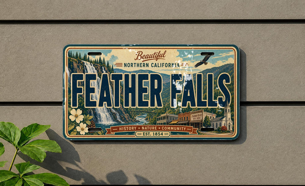 Feather Falls Retro Style License Plate, Feather Falls Souvenir Auto Tag, Waterfall Travel Keepsake Plate — photo 4