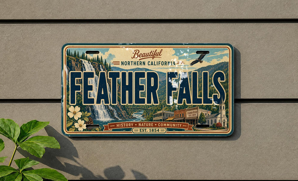 Feather Falls Retro Style License Plate, Feather Falls Souvenir Auto Tag, Waterfall Travel Keepsake Plate — photo 4