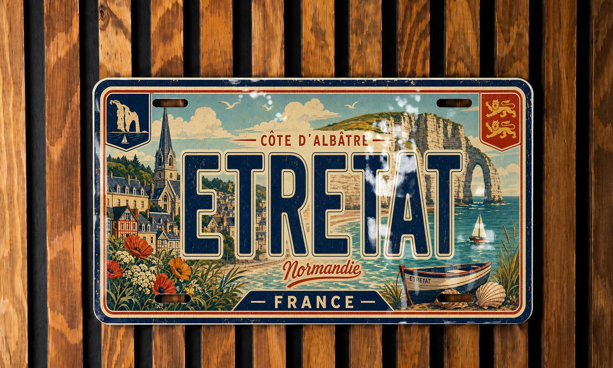 Étretat France Retro Style License Plate, Normandy Coastal Cliffs & Sea Landmark Souvenir Car Tag Decor — photo 1