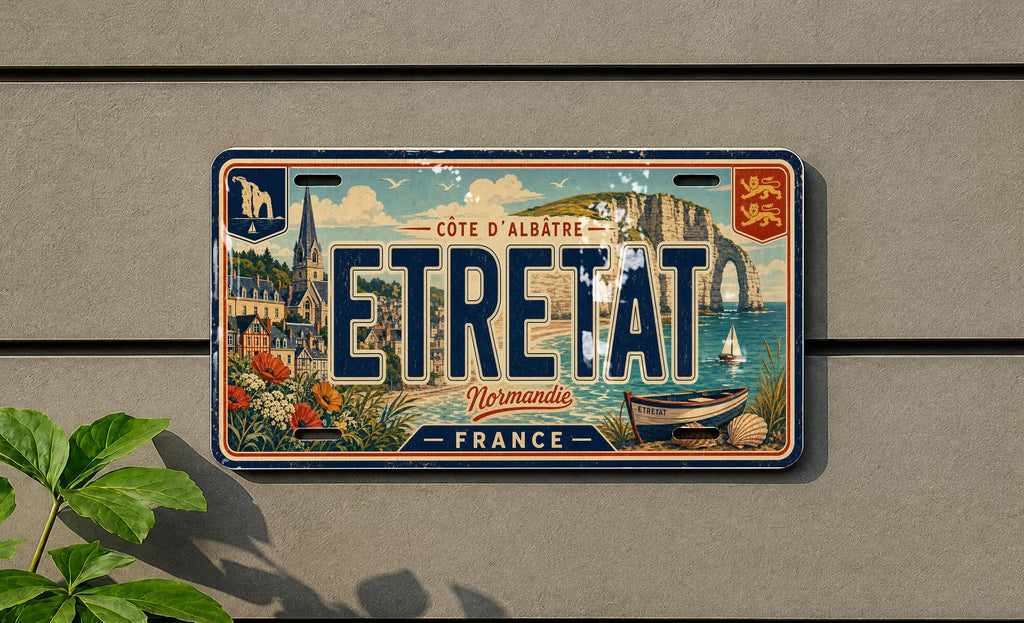 Étretat France Retro Style License Plate, Normandy Coastal Cliffs & Sea Landmark Souvenir Car Tag Decor — photo 2