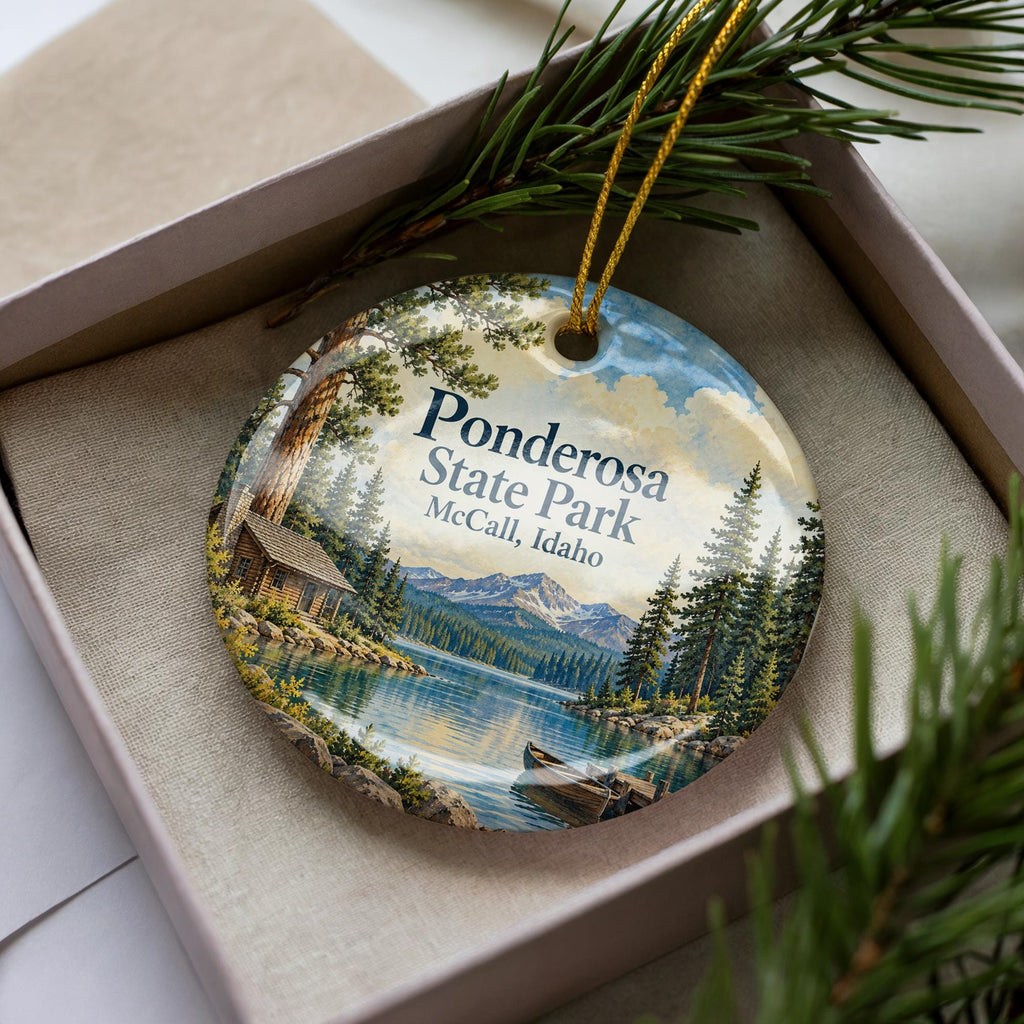 Ponderosa State Park Ceramic Ornament, McCall Idaho Lake and Cabin Illustration — photo 3
