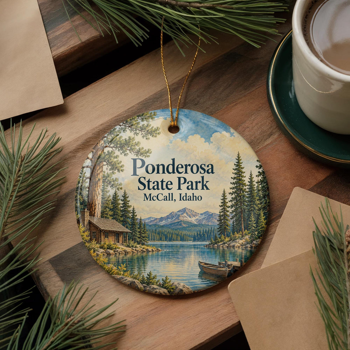 Ponderosa State Park Ceramic Ornament, McCall Idaho Lake and Cabin Illustration — photo 5