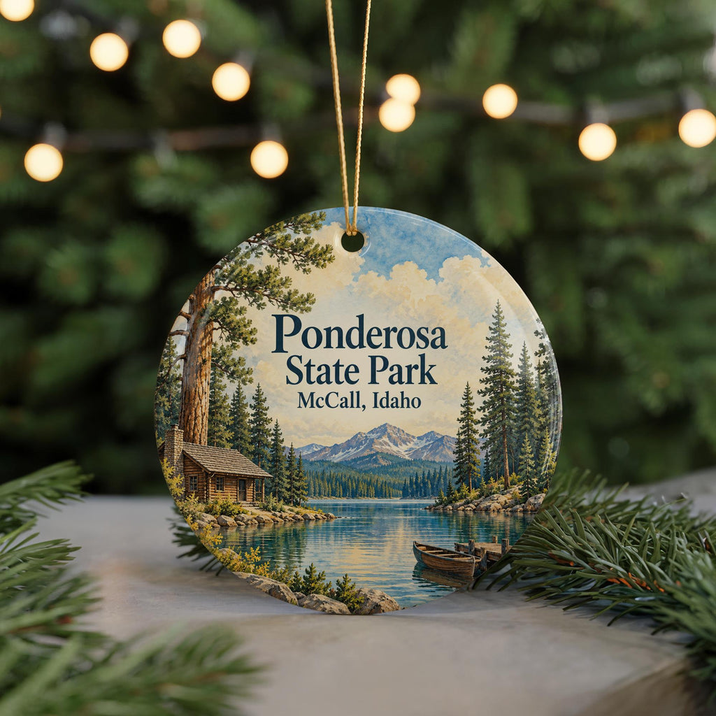 Ponderosa State Park Ceramic Ornament, McCall Idaho Lake and Cabin Illustration — photo 7